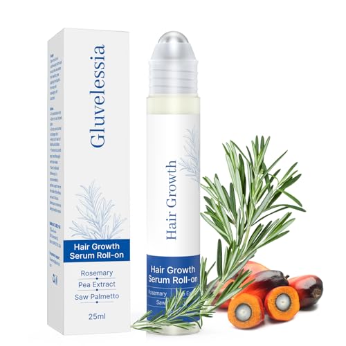Gluvelessia Rosemary Hair Growth Serum Roll On 25ml with Saw Palmetto, Rosemary & Pea Extract，Helps Support Thicker, Fuller Hair Appearance, Non-Greasy Hair Loss Support for Men & Women Pack of 1