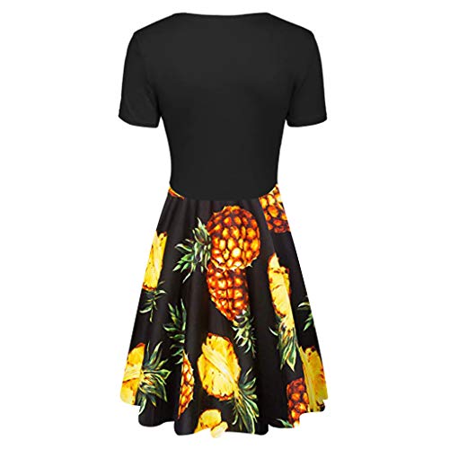 Women's Vintage Patchwork Swing Casual Party Dress Short Sleeve Lemon Pineapple Skirt (S, Black 3)