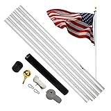 A-ONE 20FT Super Thick Aluminum Sectional American Flag Pole, Super Tough Heavy Duty US Outdoor Residential Flagpole Kit with Golden Ball Topper & Two Aluminum Snap Hooks, Silver