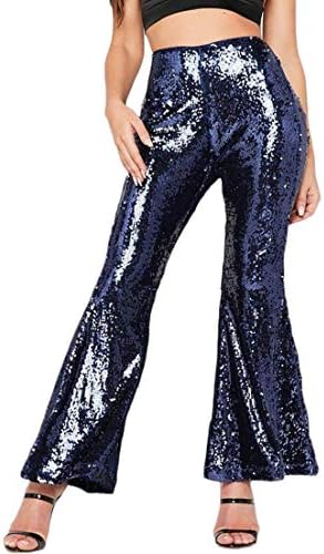 KLJR Women Glitter Sequins High Waist Bodycon Bell Bottom Flared Pants