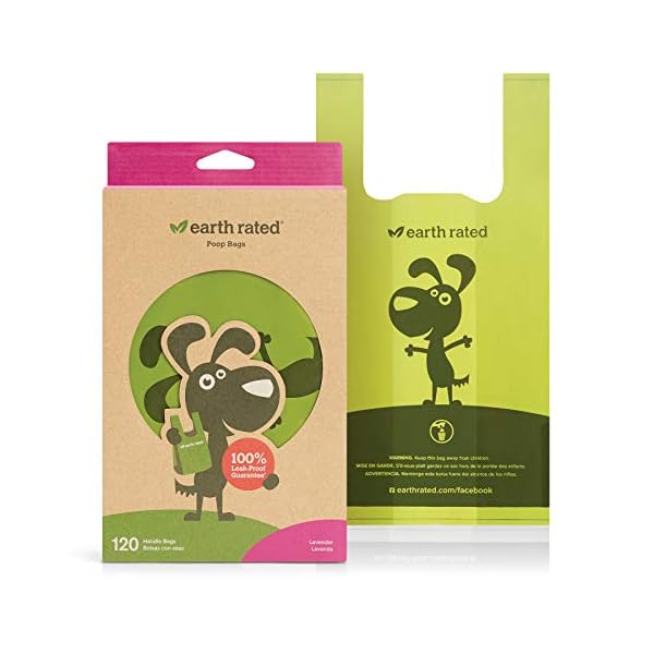 Earth Rated Dog Poop Bags with Handles, Easy Tie and Guaranteed Leakproof, Lavender Scented, 120 Handle Bags