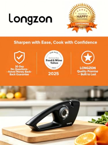 longzon Knife Sharpener 6-in-1 Manual Sharpening Tool with Cut-Resistant Glove, for Kitchen Knives, Serrated Knives, Scissors, and Pocket Knives – Safe and Easy to Use