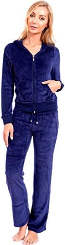 Women's Regular Athletic Velour Zip Up Hoodie and Sweat Pants Set Order 2 Sizes Up Navy Blue Large