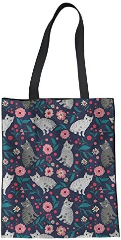 Mumeson Cat Floral Print Women Ladies Linen Tote Reusable Shopping Grocery Bags Travel Beach Park Bag