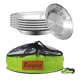 Camping Stainless Steel 8.5 inch Kitchen Dinner Plate Pack of 6 + Carabiner + Dishcloth Mess kit - Bisgear Outdoor Dinnerware Set BPA Free Round Plates for Backpacking, Hiking, Picnic & BBQ (8.5 inch)