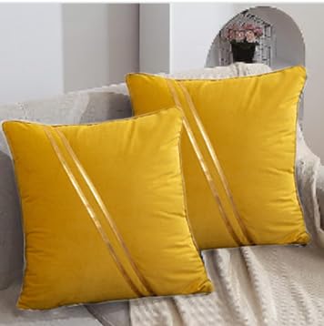 BAOKU 18 x 18 Inch Set of 2 Yellow Gold Leather Striped Lines Velvet Cushion Case Luxury Modern Throw Pillow Cover Decorative Pillow Trimmed Velvet for Couch Living Room Bedroom Car