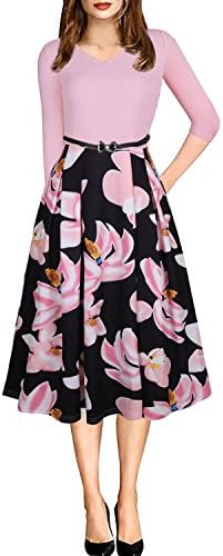 Vintage Floral V Neck 3/4 Sleeve Knee Length Puffy Swing Retro Party Dress Gown(Pink Flower, Medium)