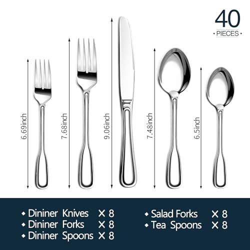 Silverware Set for 8, 40 Piece Utensils Stainless Steel Flatware Set | Boston Style Mirror Polished Spoons and Forks Set for Kitchen，Dishwasher Safe
