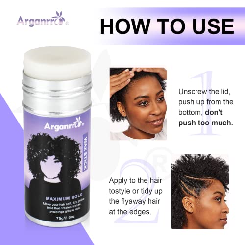 Arganrro Hair Wax Stick, Edge Control Slick Stick Tame Flyaway & Frizz- Moisturize & Add Shine | Non-greasy Wax Edge Stick for Wigs and All Hair 2.7 Oz