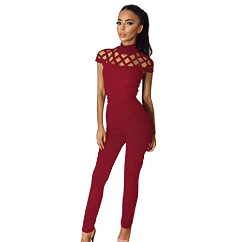 PHOTNO Women's jumpsuits Rompers for women High Neck Caged short sleeve Playsuits (M, Red)