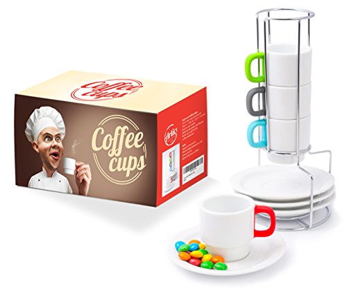 Doubleshot Espresso Coffee Cup Stackable Set â€“ White Porcelain Demitasse Cups for Turkish Coffee â€“ Multicolor Handles Protect from Burn â€“ 4 Cups 70ml/2.4oz and Saucers â€“ Chrome Rack