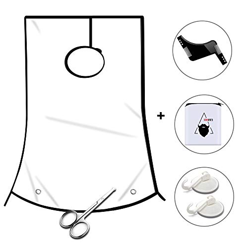1DOT2 Professional Beard Shaving Apron Hair Clippings Catcher & Grooming Cape Apron bib+ Styling Template + Suction Cups Perfect Gift for Men Keep Sink Clean