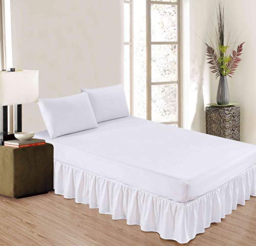 Sheets & Beyond Wrap Around Solid Luxury Hotel Quality Fabric Bedroom Dust Ruffle Wrinkle and Fade Resistant Gathered Bed Skirt 14 Inch Drop (Queen, White)