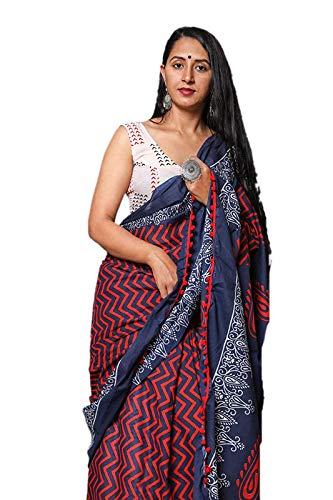Woman Hand Block Printed Jaipuri Print Cotton Mulmul Saree with unstitched Blouse