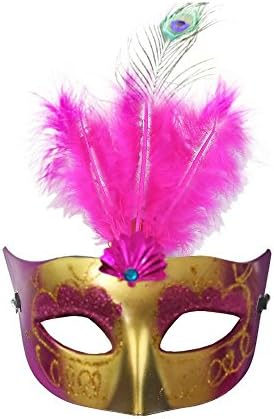 Deluxe Feathered Party Mask by Hello Halloween | Classic Style Carnival Mask for Halloween, Mardi Gras, Carnival, Costume Events, Masquerade Ball Mask | Gold Mask, Glitter &amp; Feather Design