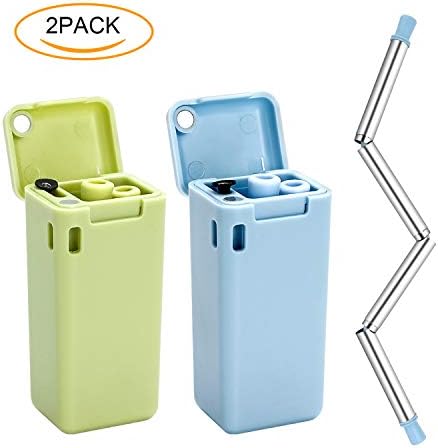 2 Pack Collapsible Reusable Straw, Stainless Steel Drinking Straws with Hard Case and Cleaning Brush for Party Travel Outdoor (Blue&Green)
