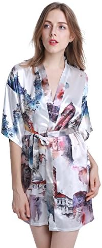 Vogue Forefront Women's Satin Short Kimono Robe Bathrobe with Original Designs, Large, Castles