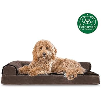 Furhaven Pet Dog Bed | Deluxe Orthopedic Plush Faux Fur & Velvet L Shaped Chaise Lounge Living Room Corner Couch Pet Bed w/ Removable Cover for Dogs & Cats, Sable Brown, Large