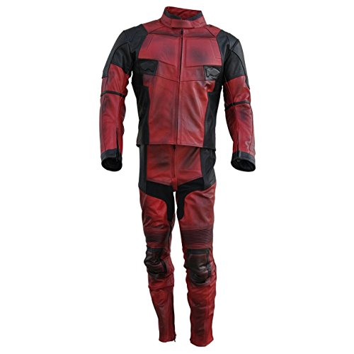 BestzoÂ Men's Deadpool Real Leather Motorcycle Suit with Armor Protection Split Leather Red L