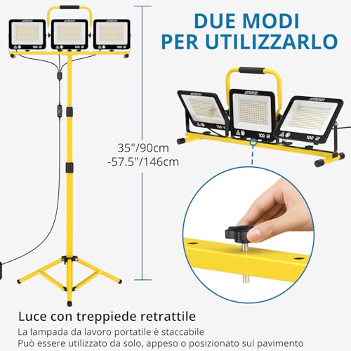 AUTOUTLET Construction Site Spotlight with Extendable Tripod, 3 x 100 W 27000 LM Rechargeable LED Headlight with 3 Colour Temperatures and 5 m Power Cable, IP66 Waterproof, for Garage Workshop and Outdoor