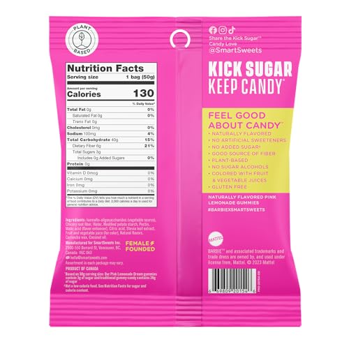 SMARTSWEETS BARBIE PINK LEMONADE DREAM GUMMY CANDY: 1.8OZ (PACK OF 14), GUMMY CANDY WITH LOW SUGAR, LOW CALORIE, NO ARTIFICIAL SWEETENERS, PLANT-BASED, GLUTEN-FREE, HEALTHY SNACK FOR KIDS & ADULTS