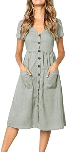 Bringbring Womens Holiday Summer Beach Solid Short Sleeve Buttons Party Dress