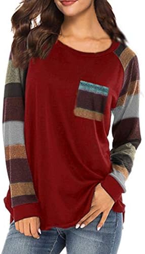Women Stripe Patchwork Shirts,Sunyastor Cotton Long Sleeve Lightweight Casual T-Shirt Loose Tunic Sweatshirt Pocket Blouses
