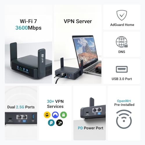 GL.iNet GL-BE3600 (Slate 7) - Enrutador portátil de viaje de doble banda Wi-Fi 7 viajes 2.5 Gigabit Router, OpenVPN y Wireguard para público, uso Wi-Fi de hotel, adecuado para negocios, cruceros, RV