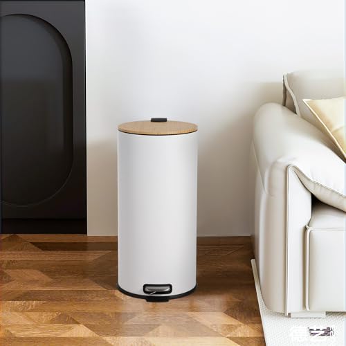 30L Stainless Steel Trash Can with Bamboo Lid, Pedal - Operated Garbage Bin with Removable Inner Bucket for Kitchen, Bathroom, Small Spaces