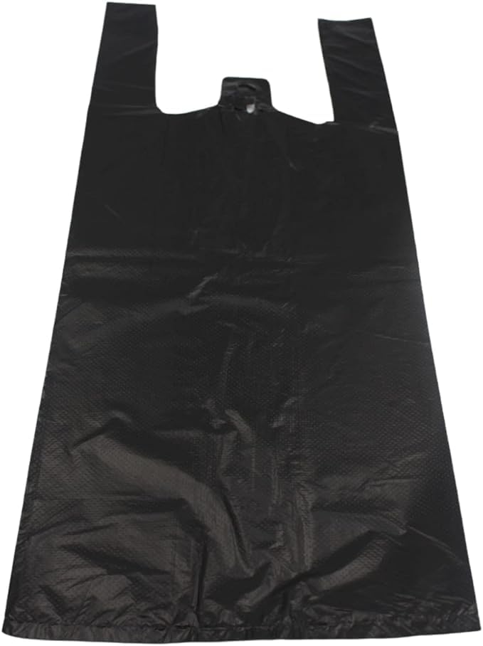 100 Pack BLACK PLASTIC POLYTHENE VEST STYLE CARRIER BAGS - LARGE SIZE 11 x 17 x 21" SHOPPING GROCERY GIFT BOUTIQUE SUPERMARKET CASH N CARRY MARKET STALL POLYBAGS