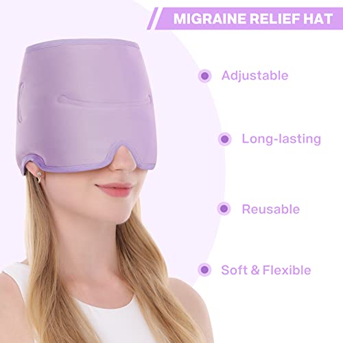 Luguiic Headache & Migraine Relief Wrap Hat Eye Mask Long Lasting Cooling Hot & Cold Gel Ice Compress Therapy for Tension Relief, Stress, Pain Relief, Stretchy, Comfortable with Velcro Closure Purple