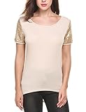 Meaneor Women Cute Asymmetric Hem Sequined Short Sleeve Shirt Top Loose Blouse