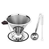 Stainless Steel Pour Over Coffee Dripper With Stand - Pour Over Coffee Maker/Coffee Filter Guarantees Bolder Flavors - Experience Coffee Spoon With A Reusable Coffee Dripper Cone (Coffee Dripper)