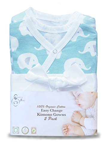Cambria Baby 100% Organic Cotton Kimono Gowns, Easy Change with Built in Mitts (3-6 Mo, 2 Pk Elephant and Waves)