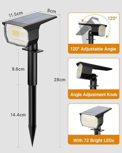 btfarm Set of 8 Solar Outdoor Spotlights, 72 LED Waterproof IP65, Solar Light with 3 Lighting Modes, 120° Adjustable Solar Outdoor Spotlight for Garden, Pathway, Pathway, Warm White