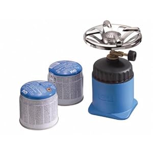 CFH Kartuschenkocher Happy Camper HC 402 – inkl. 2 Butangaskartuschen 190 g, sparsamer Gaskocher Camping 1-flammig, 0,97 kW 70 g/h, Campingkocher stufenlos einstellbar