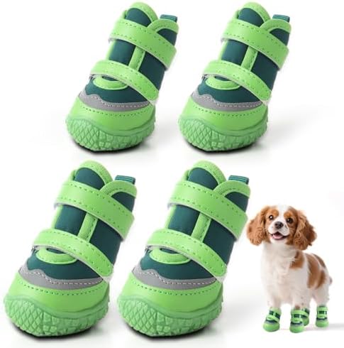Dog Shoes for Small Dogs, Breathable Dog Boots Paw Protector for Hot Pavement Winter Snow, Dog Booties with Reflective Strips Rugged Anti-Slip Sole for Hardwood Floors Outdoor Walking Green Size 3
