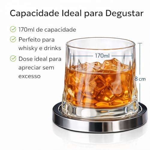 Kit 2 Copos Whisky com Base Sofisticada 170ml Cristal Transparente Premium Vidro Reforçado Drinks Luxo