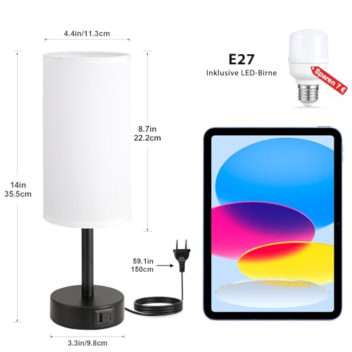 PreeOtti Bedside Lamp Touch Dimmable Table Lamp with USB A+C Charging Function, Linen Fabric Lampshade, Touch Lamp for Bedside Table, Living Room, Bedroom, Children's Room, Office (Includes Bulb)