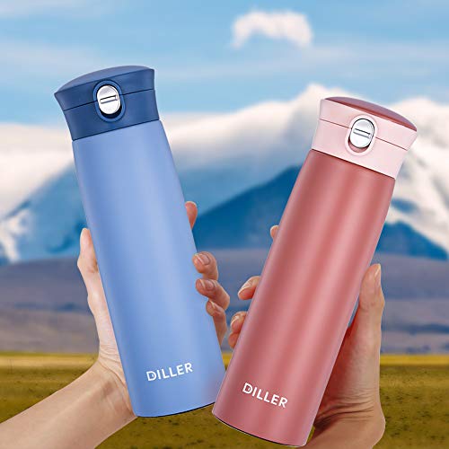 Diller Thermos Water Bottle, Coffee Travel Mug 16 or 8 oz Kids Mini Water Bottle Tumbler with Spout Lid, Leak Proof Flask for Kids and Women Keep 12H Piping Hot & 24H Cold (Blue, 16 oz)