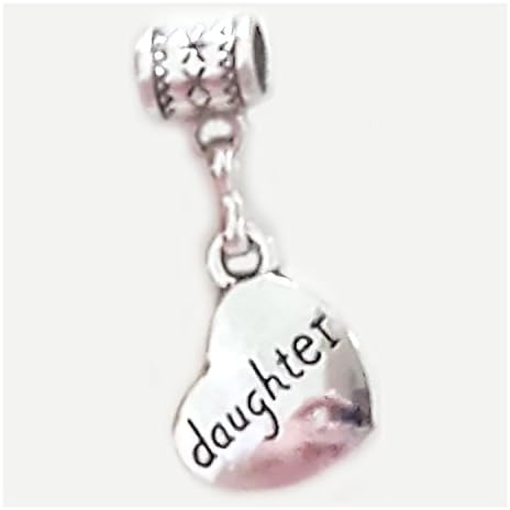 "Daughter charm" is a Tibetan Silver 2-sided Heart-shaped charm by Mossy Cabin for large-hole snake chain charm bracelets, or add to a neck chain, pendant necklace or key chain