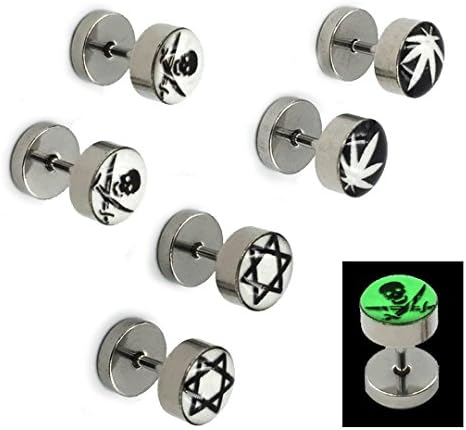 FANCER 6 PCS Glow in the Dark Luminous Barbell Pierced Earrings Ear Stud Stars Ghost Skull