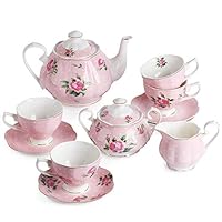 BTäT- Floral Tea Set, Tea cups (8oz), Tea Pot (38oz), Creamer and Sugar Set, Gift box, China Tea Set, Tea Sets for Women, Tea Cups and Saucer Set, Tea Set for Adults, 4 Tea Cups Set, Porcelain Tea Set