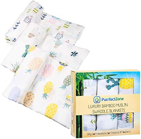 Purrfectzone Baby Swaddle Blanket Unisex Swaddle Wrap Soft Silky Bamboo Muslin Swaddle Blankets Neutral Receiving Blanket for Boys and Girls, 47 x 47 inches, Set of 3 – Plants/Cactus/Pineapple