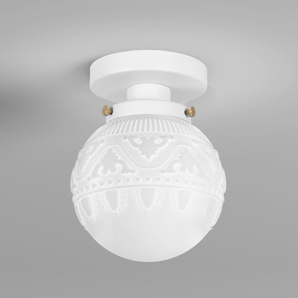 Photo 1 of Semi Flush Mount Ceiling Light, White Hallway Light Fixture, Vintage Ceiling Lighting Fixture with Milky Glass, Globe Glass Close to Ceiling Light, Indoor Hanging Lighting for Bedroom Kitchen Porch