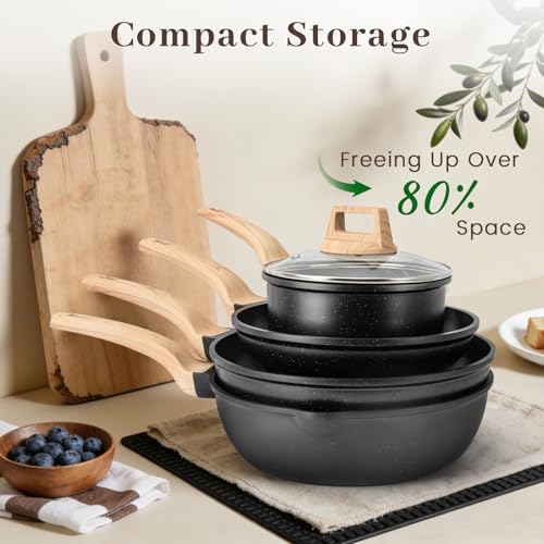 Colourcoco Pots and Pans Sets - 21 Pieces Non Stick Granite Coating Pans with Handles & Lids, Induction-Compatible Cooking Set with Utensils, Pads and Stockpot, Oven Safe