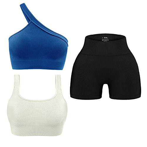 OLCHEE Womens 3 Piece Workout Sets - Seamless Ribbed Yoga Outfits Sports Bra One Shoulder Top Biker Shorts Gym Athletic Cloth
