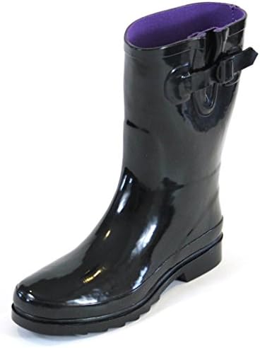 Hazel's Fashion Women's 10 Inches Rainboot &amp; Gardenboot with Expansion Gusset &amp; Adjustable Buckle, Shiny Solid Black, with Rain Coat, US Women's 8 B(M)