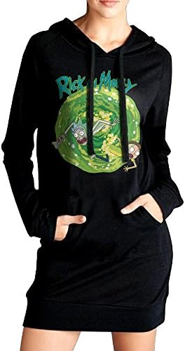 Womens Rick And Morty Funny Cartoon Hoodie Black Long Sleeve Sweatshirt Dress With Pocket Small