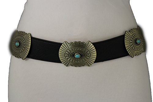 TFJ Women Western Concho Fashion Elastic Belt Hip Waist Gold Metal Charms S M Black